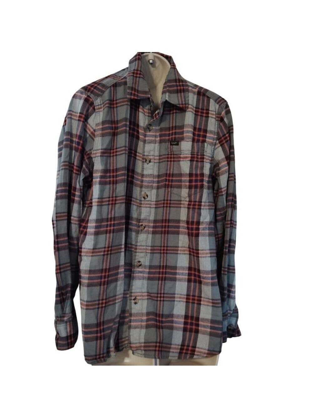 Lee Men's Long Sleeve Flannel Shirt - Medium - Blue& Red Cotton Blend